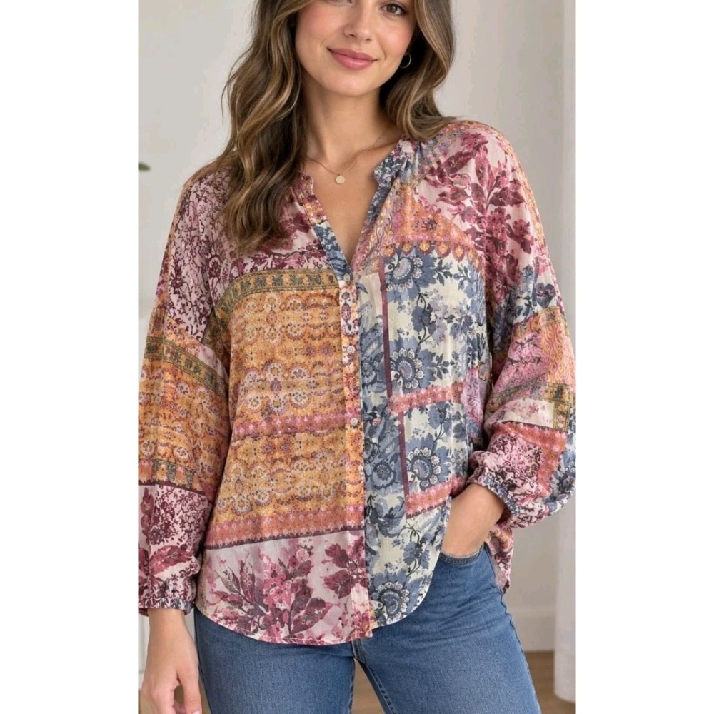 Lane Bryant Boho Patchwork Blouse Top Womens Plus Size 14/16 Rayon Long Sleeve